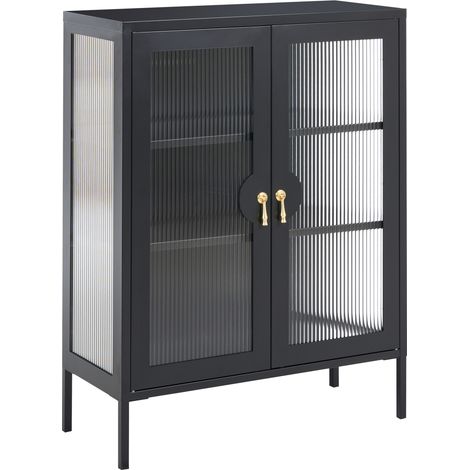 Mueble de oficina de metal con puertas de vidrio acanalado y estantes estilo industrial negro Gleora (1/5)