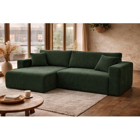 Canapé d'Angle réversible convertible avec fonction de couchage coffre universel en velours côtelé vert bouteille Flora L