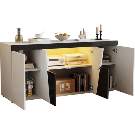 ELVMI Credenza Bassa con 4 Ante, 3 Vani, Ripiani Regolabili e LED, Soggiorno, Bianca e Nera, 140 x 40 x 65 cm (1/5)