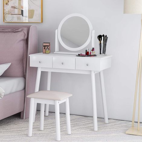 White dressing table set with mirror, padded stool and 3 sliding drawers for bedroom, bathroom, girls and women (1/5)