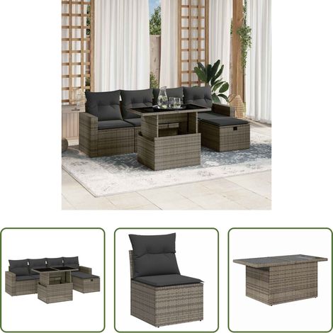 Poltrona da giardino -  Set Divano da Giardino 6 pz con Cuscini Grigio in Polyrattan (1/5)