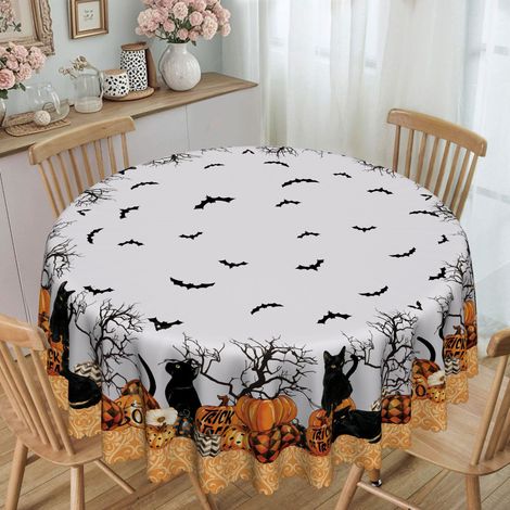 Nappe ronde d'Halloween, 152 x 152 cm, motif citrouille et arbre à chat, lavable, idéale pour les fêtes, les pique-niques et les dîners. (1/4)