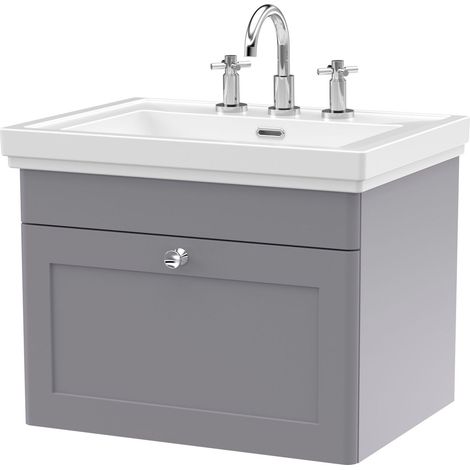 Swynnerton Traditional 1 Drawer Wall Hung Vanity Unit with Basin, Satin Grey, 600mm