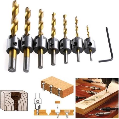 Fraise Bois Mèche à Bois Foret Conique HSS Acier à Haute Vitesse à Bois Aésoir Chanfreinage (7pcs, 3-10mm) Avec Clé Hexagonale (1/4)