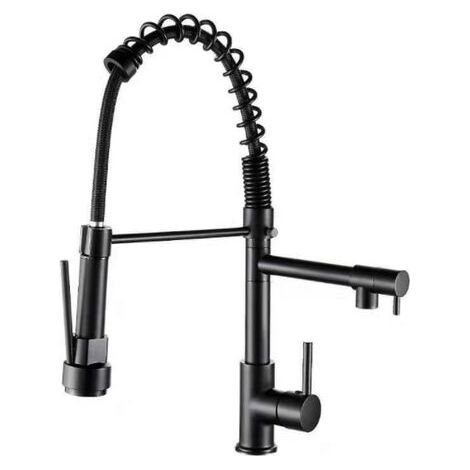 Pair - Batterie sanitaire professionnelle de luxe, avec douche de cuisine flexible, 360 degrés, tuyau supplémentaire, acier inoxydable, inclus des connexions, noir (1/5)