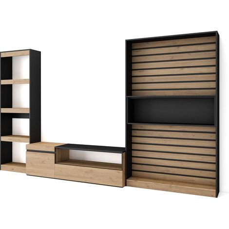 Skraut Home - Ensemble Meuble TV, Meuble Salon Complet, 320x186x35cm, Salon Complet, Style moderne, Chêne et noir (1/5)