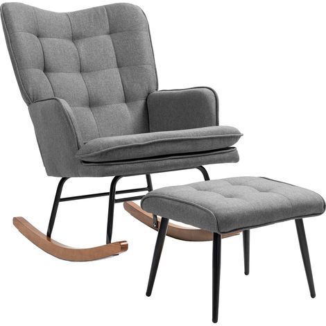 Fauteuil à bascule avec repose-pieds, confortable, jusqu'à 130 kg, aspect lin, 64 x 89 x 90 cm, gris foncé (1/5)