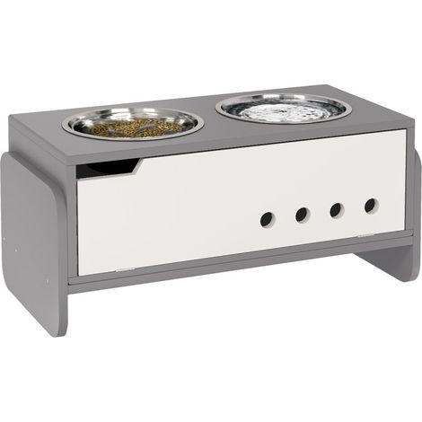 Mangeoire surélevée réglable en 3 hauteurs, station d'alimentation avec rangement, tapis anti-glouton et deux bols en acier inoxydable.