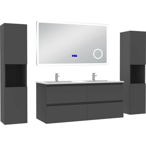 Ocean ensemble meuble 120 cm anthracite avec 4 tiroirs à fermeture automatique, lavabo céramique + miroir salle de bain Bluetooth tricolore + 2 colonnes hautes, suspendu