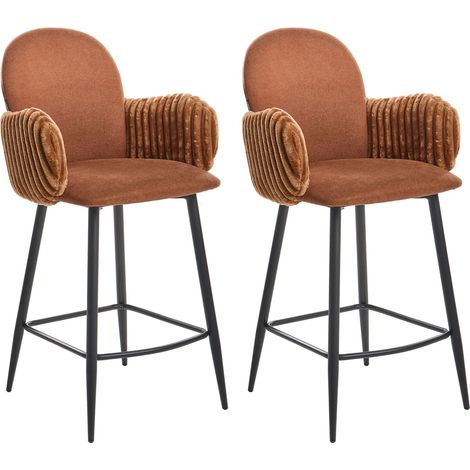 Set di 2 sedie da bar con gambe in ferro e rivestimento in tessuto con braccioli in velluto marrone Amity