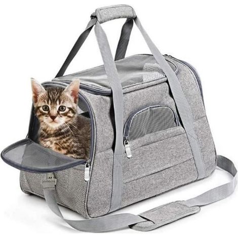 Sac de Transport pour Animal Chat Chien Pliable 43x25x28cm, Panier de Transport Animal Moins de 10kg Respirante - Tissu Oxford Gris (1/4)