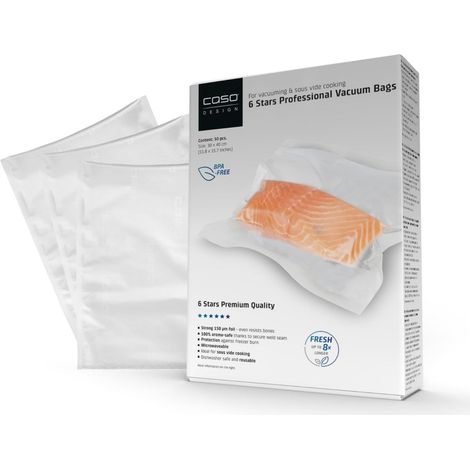 CASO Linea 6 Stelle Sacchetti Sottovuoto Goffrati per Alimenti, 50 Buste 30x40 cm per tutti i tipi di macchine sottovuoto, molto resistenti e anti-strappo, Sous Vide, 150 µm, senza BPA (1/5)