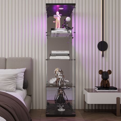 Vetrina in vetro 42,5x36,5x164 cm - con 4 ripiani - illuminazione a LED - anta singola - vetro temperato - vetrina indipendente per soggiorno - camera da letto - ufficio - Nera