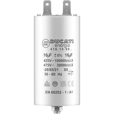 Condensateur 16 uF 450V AC pour moteur monophasé – Polypropylène – Cosses de 10 mm – Longueur 70 mm – Utilisation Kärcher et pompe piscine