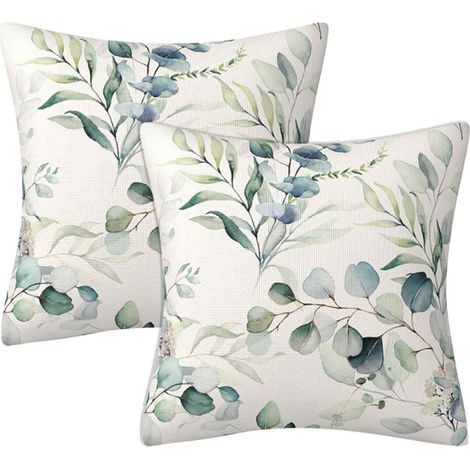 Housse Coussin - Eucalyptus - Lin Lavable - 45x45 Cm Carrée - Pour Salon Canapé Patio Jardin Extérieur - Lot De 2