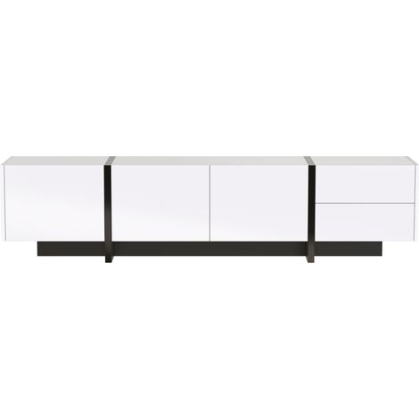 Lowboard TV en panneaux blanc brillant et pieds noirs avec portes et tiroirs, 190 x 45 x 35 cm (1/5)