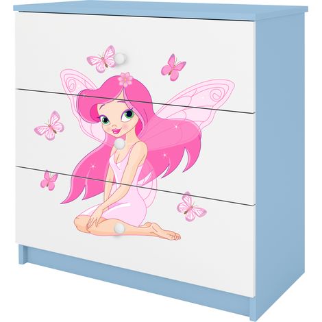 Babydreams Commode enfant 81 cm avec 3 tiroirs motif elfe et papillons bleu