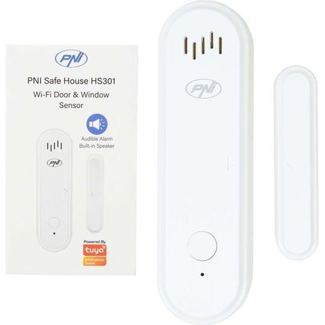 Contact magnétique PNI Safe House HS301 avec Wi-Fi, pour portes/fenêtres, app Tuya Smart, 80 dB, alimentation 3V