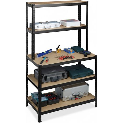 Relaxdays Schwerlastregal mit Werkbank, 500 kg, 5 Ebenen, HxBxT: 180 x 100 x 60 cm, MDF & Stahl, Werkstattregal, schwarz (1/5)
