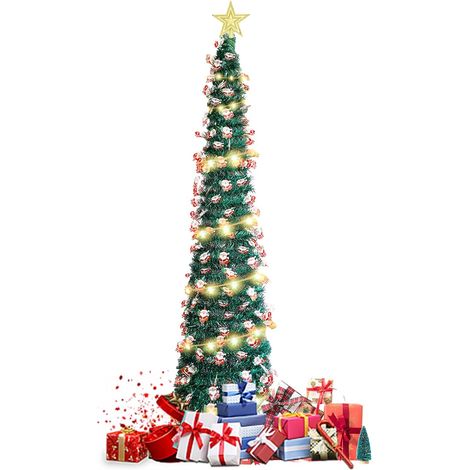 Sapin de Noël Artificiel Pliable 150cm, Arbre de Noel avec Lumineux LED, Père Noël et Effet Paillet, Arbre de Noel avec Base Métallique, pour Intérieur Extérieur Maison Magasin, Vert (1/5)