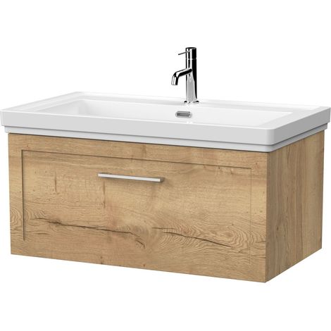 Stonnall Traditional Wall Hung 1 Drawer Vanity Unit with Traditional 1 Tap Hole Fireclay Basin, 800mm, Autumn Oak