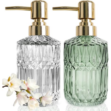 Set di 2 dispenser di sapone in vetro verde trasparente, elegante flacone con pompa da 390 ml, stile vintage per il bagno (1/5)
