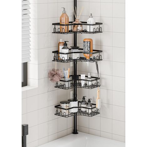 Etagere Douche, Etagere Telescopique Douche Sans Percage(86-298CM), Tablette d'Angle Réglable en Hauteur avec 4 Paniers, salle de bain, cuisine (Noir) (1/5)