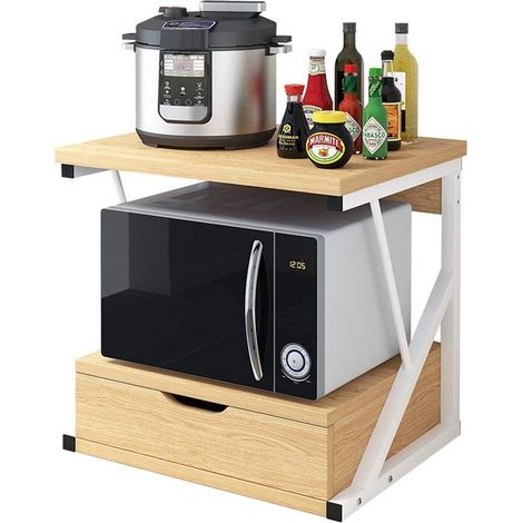 Countertop Microwave Rack Storage Shelving Unit, Small Oven Shelf Microwave Stand with Drawer, Printer Stand for Desktop Storage Organizer (Pine, 2 tiers with drawer)