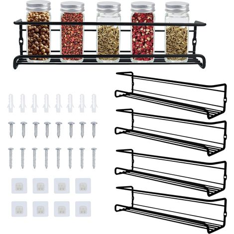 PCS Kitchen Shelf Organizer, Wall Mounted Spice Rack Metal Spice Rack No Drilling Self-Adhesive Cabinet Hanging Sticky Spice Organizer 29 x 6 x 6.5 cm, Black (1/5)