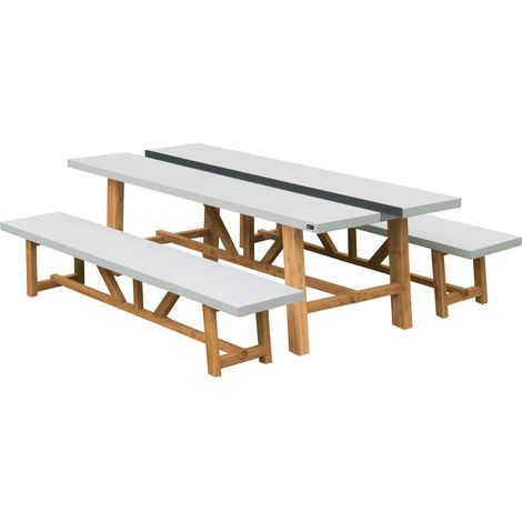 Axi Aaron Salon De Jardin, Table Et 2 Bancs, Blanc /Marron - 6/8 Personnes Ensemble Extérieur / Salon En Bois Aspect Pierre Calcaire Et Bois D'Acacia (1/5)