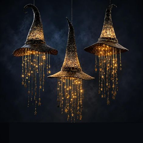 3 pièces Décoration Halloween Lumineuse, Chapeau de Sorcière Vintage Suspendu avec Étoiles en Cascade pour Intérieur, Extérieur et Fête (1/5)