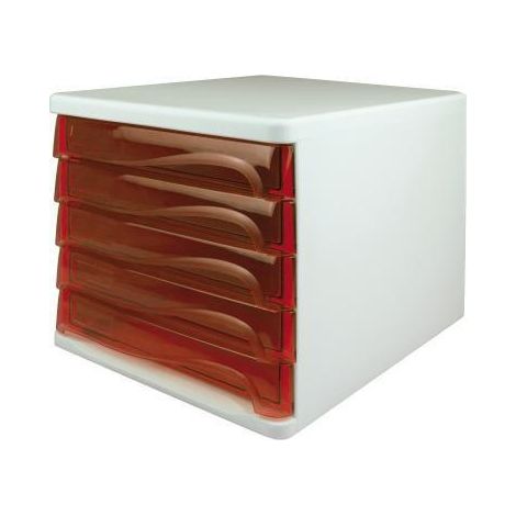 Schubladenbox the wave 5 Schubladen DIN A4 DIN C4 Polypropylen/Polystyrol Gehäusefarbe: weiß Farbe der Schublade: rot transparent (1/3)