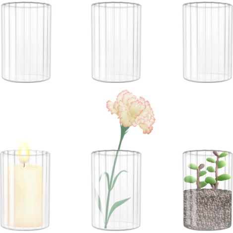 Lot de 6 petits vases pour décoration de table - Cylindre en verre - Rayés - 10 cm - Petits vases en verre - Pour fleurs, décoration de table - Cadeaux d'invités - Décoration de mariage (1/5)