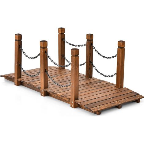 Puente de arco de jardín de 150 x 67 x 55 cm para exterior con pasamanos decorativos de madera teñida 200019995