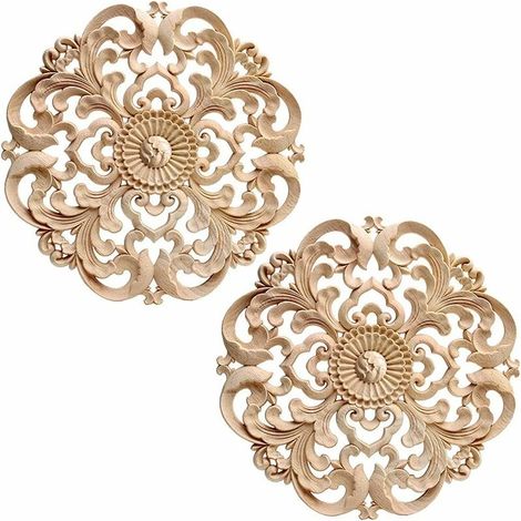 Decorative Molding Wood 2 Pieces Carved Wood Applique 15cm Round Carved Natural Wood Carved Furniture Applique Inlay Craft Flower Shape for Home Furniture Decoration (1/4)