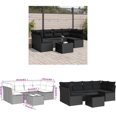 7-tlg. Garten-Sofagarnitur mit Kissen Schwarz Poly Rattan - Gartenmöbel Set - PE-Rattan Möbel - Outdoor Sofa - Esstisch - Lounge Set - Home & Living (1/3)