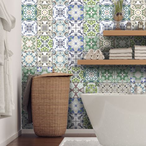 Sticker Mural Carrelage adhésif Cuisine Salle de Bain - 60 STICKERS CARREAUX DE CIMENT AZULEJOS ADERITO - 60stickers10x10cm (1/5)
