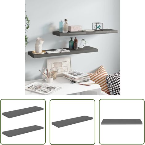 The Living Store Schweberegale 2 Stk. Hochglanz-Grau 90x23,5x3,8 cm MDF - Schweberegale - Wandregale - Regalset - Wohnwandgestaltung - Dekorationsideen (1/5)