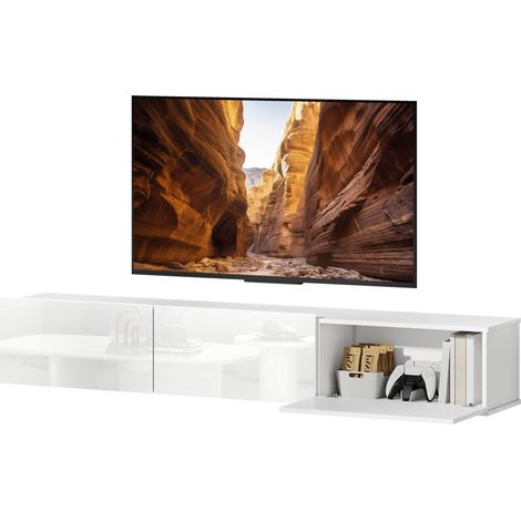 Meuble TV suspendu, fixation murale, 3 tiroirs, grand espace de rangement, 180 cm, panneaux de particules, blanc (1/5)