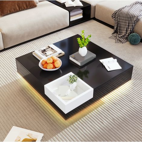 Tavolino da salotto fisso 72x72x30 cm in pannelli di legno nero e bianco con contenitore FloraGrace (1/5)