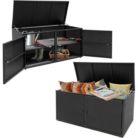 Coffre de Rangement à 2 Niveaux en Rotin PE, Grande Boîte avec 2 Portes & Couvercle, Armoire pour Jardin, Balcon, Piscine, Salon, Intérieur Extérieur, 115x60x65 cm (Noir) (1/5)