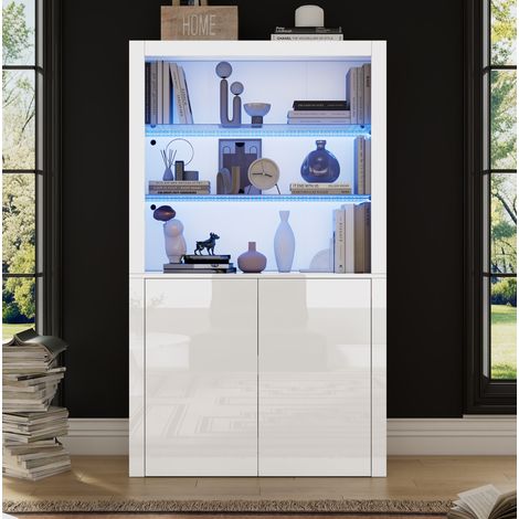 Aparador alto 100x35x170 cm con iluminación LED, estante de vidrio, para salón o comedor, laqueado brillante, en MDF, blanco (1/5)