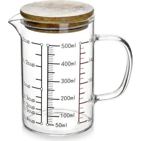 Verre mesureur cuisine 500 ml avec couvercle en bambou, verre doseur en borosilicate, graduations ml/cup/oz, bec verseur, poignée, micro-ondes (1/5)