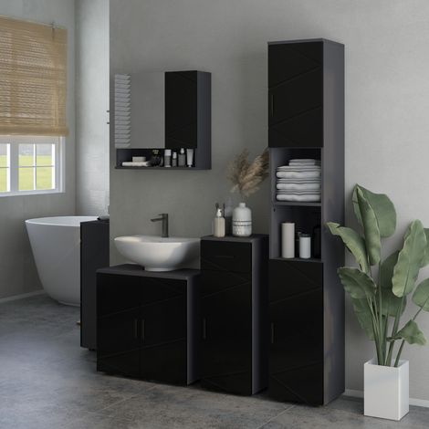Meuble salle de bain noir et gris 30x30x82 cm, tiroir et armoire avec 2 étagères ajustables, panneau de particules. (1/5)