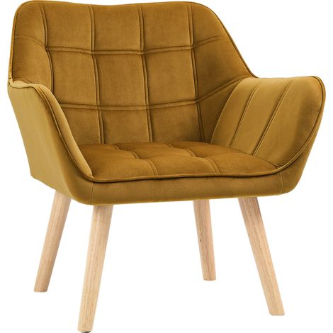 Fauteuil relax scandinave en tissu jaune, assise confortable, piètement bois et structure métal, idéal pour coin lecture ou bureau moderne, CHICFURN (1/5)