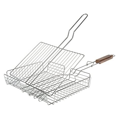 Grille de barbecue double ajustable 31 x 23 cm – Acier chromé – Poignée en bois d'acacia – Pour cuisson précise et facile – Ruecab