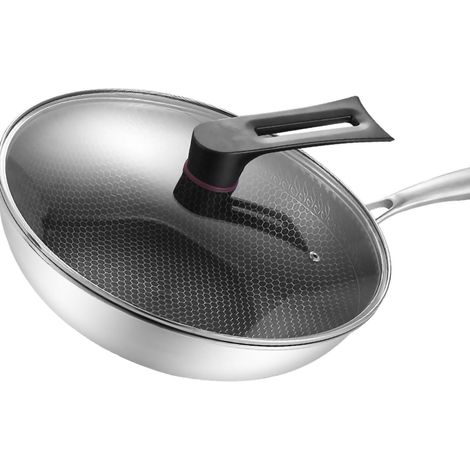 Wok en acier inoxydable à double face alvéolée à 3 couches antiadhésives et facile à nettoyer, 34 cm (avec couvercle et sans anses). (1/5)