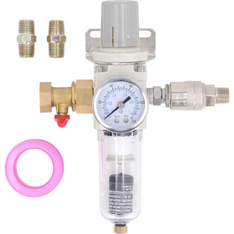 Selbstentleerender Druckluftfilter, Kompressor mit 1/2-Zoll-NPT-Einlass, Feuchtigkeitssensor mit 150-PSI-Manometer und Ventilschalter. (1/5)