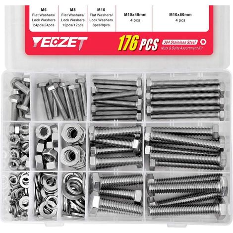 Bardusch-176PCS 304 Inox Boulons et écrous Rondelles Assortiment Kit M6 M8 M10 Industrie Machines Visserie Hexagonal (1/5)