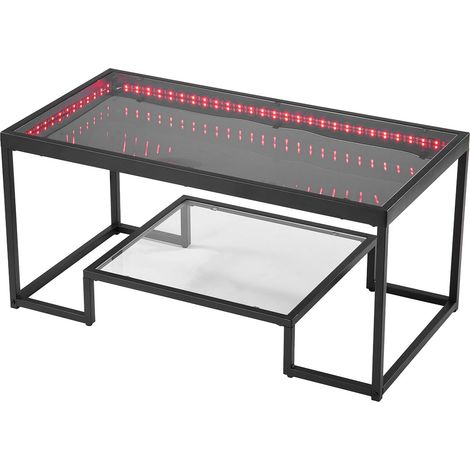 Table basse rectangulaire en verre trempé avec éclairage multicolore, structure noire et rangement à deux niveaux, 100 x 51 x 48 cm (1/5)